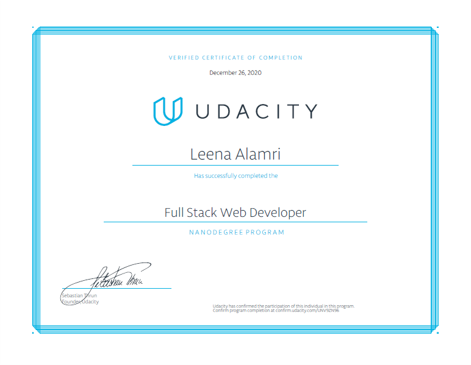 Leena Alamri Udacity Certificate