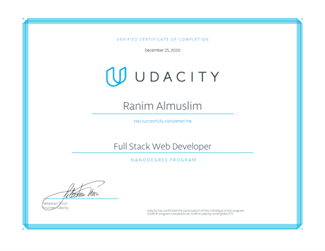 Ranim Almuslim Udacity Certificate